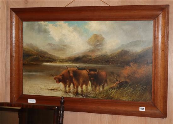 Fraser Forsyth, oil on canvas, Highland cattle watering, signed, 45 x 80cm